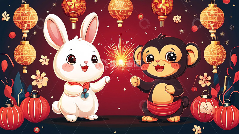 高清大图下载【趣麦麦图】萌兔猴新年灯笼