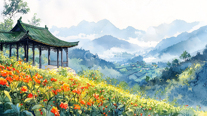 高清大图下载【趣麦麦图】水墨山水亭台花卉风景画