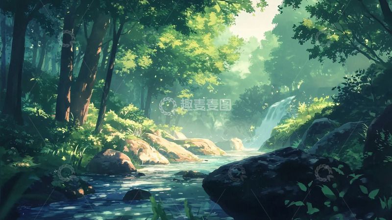 高清大图下载【趣麦麦图】森林小溪瀑布