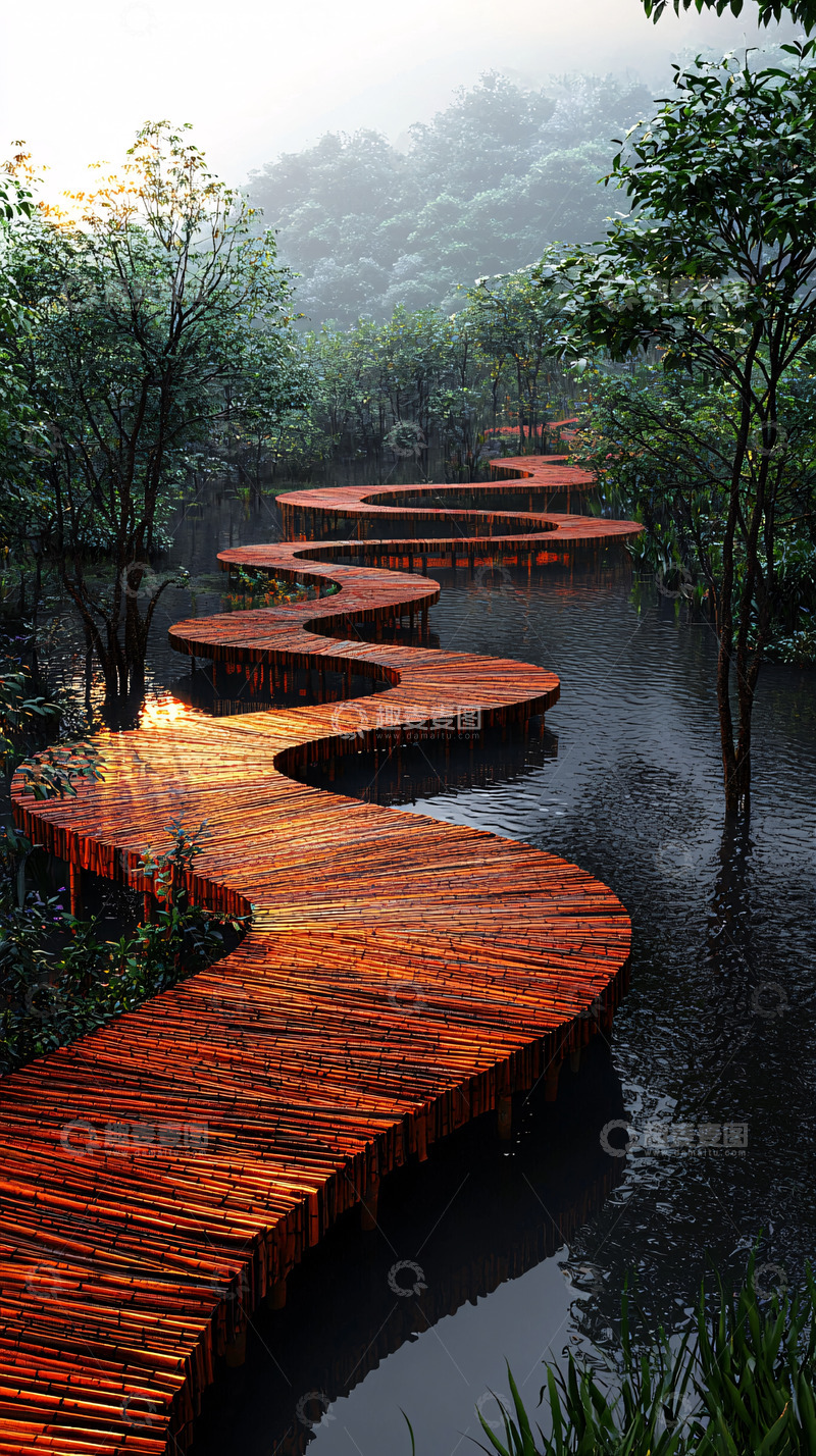 高清大图下载【趣麦麦图】蜿蜒水上木栈道