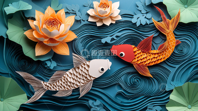 高清大图下载【趣麦麦图】剪纸风格的锦鲤荷花