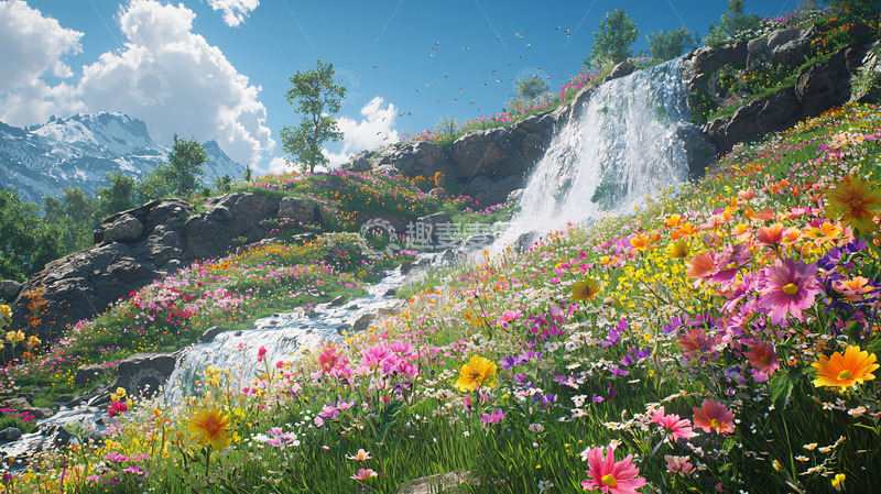 高清大图下载【趣麦麦图】山间瀑布鲜花盛开