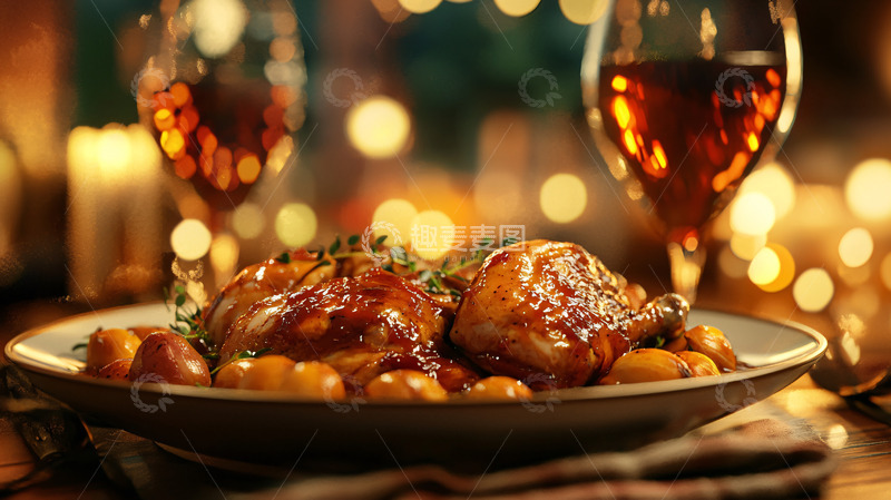 高清大图下载【趣麦麦图】烤鸡配土豆和红酒