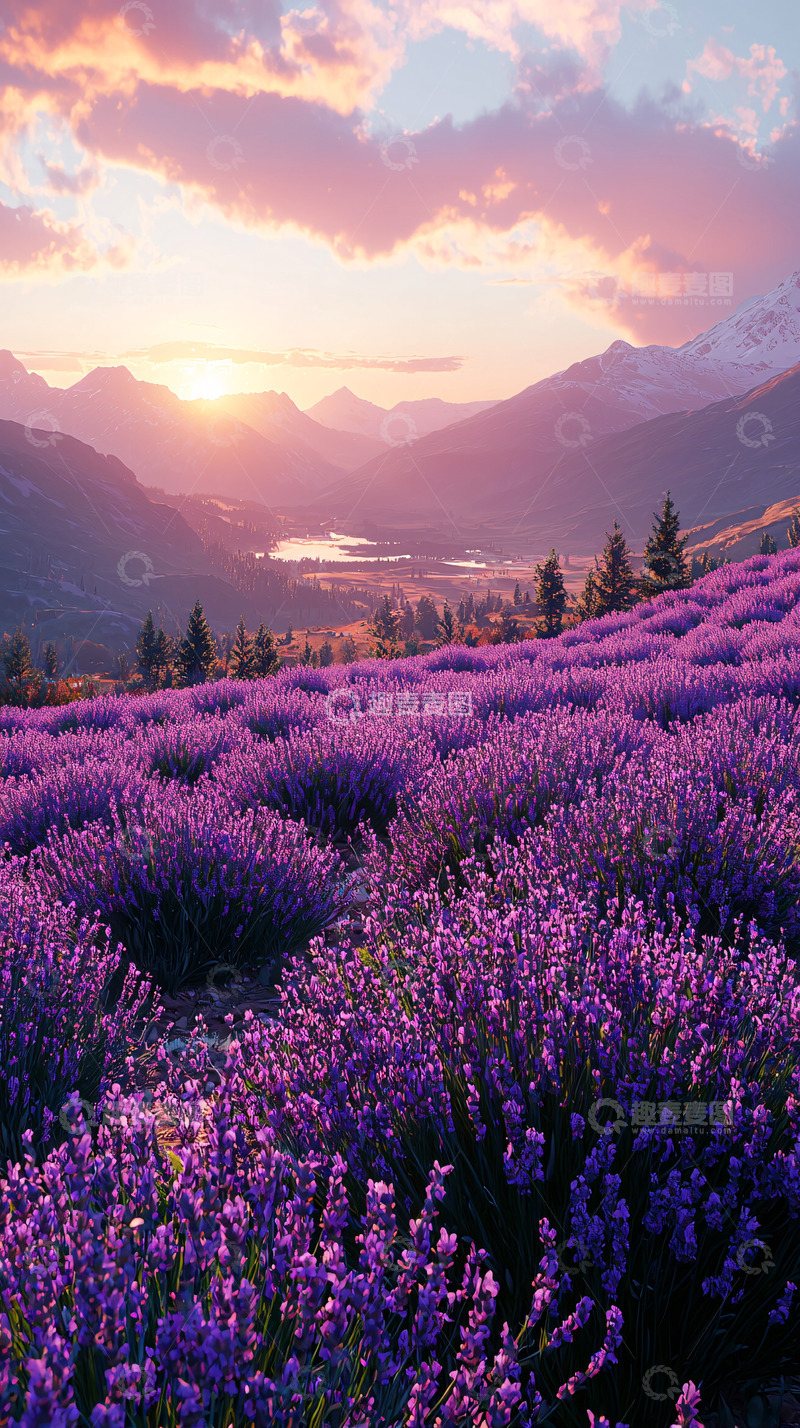 高清大图下载【趣麦麦图】薰衣草田野的日落美景