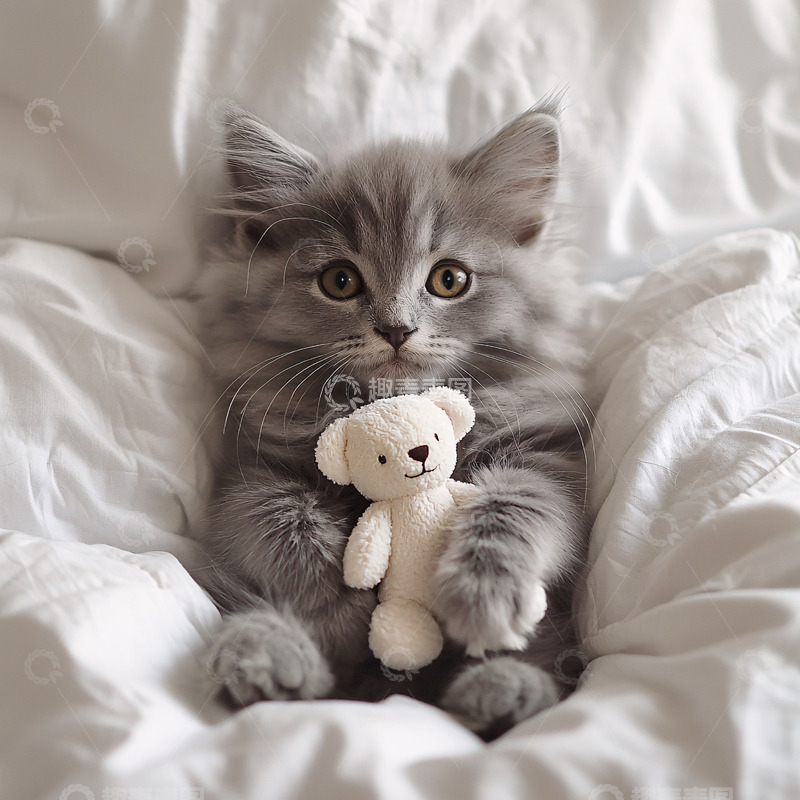 高清大图下载【趣麦麦图】灰猫抱着泰迪熊玩偶