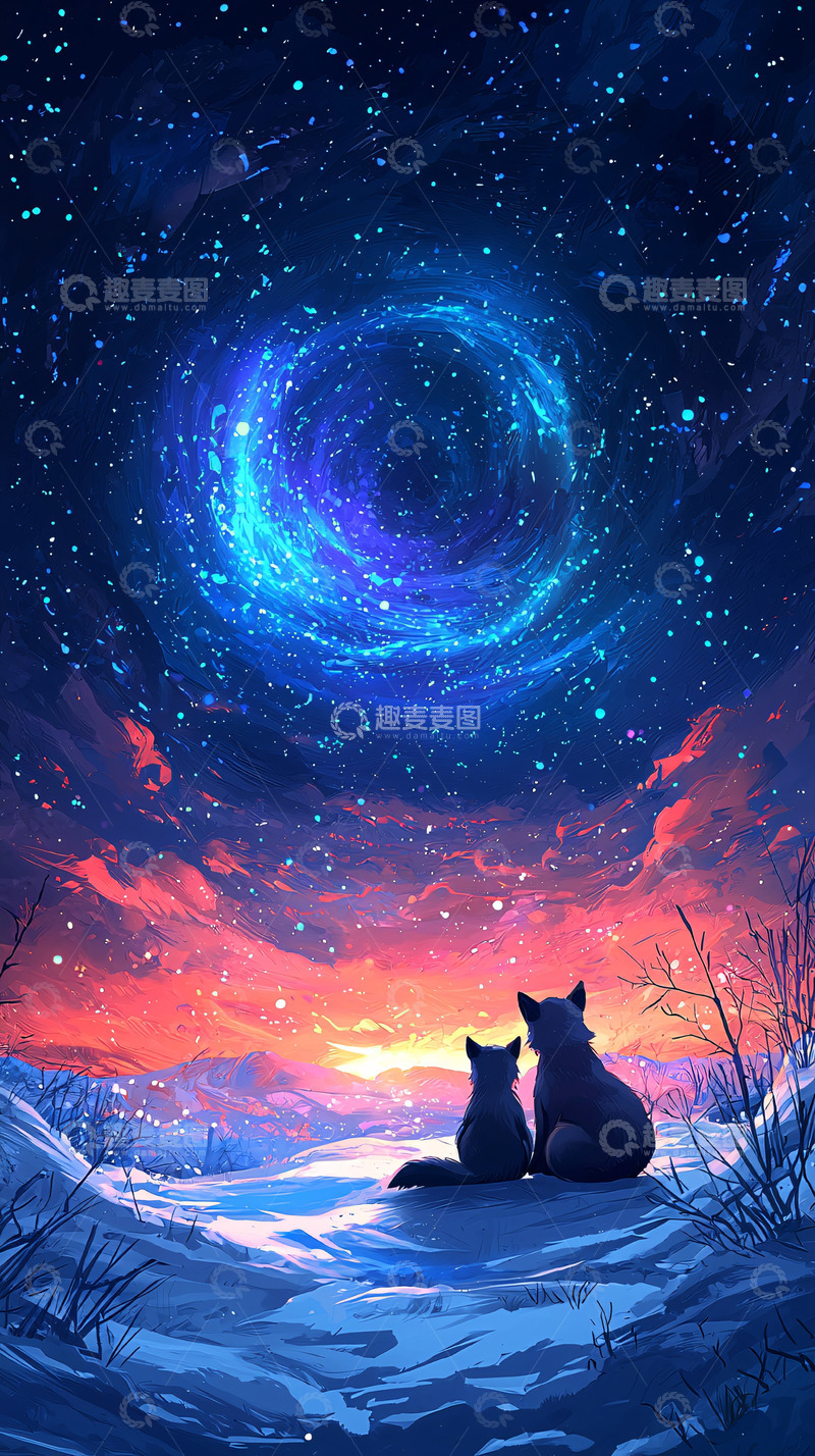 高清大图下载【趣麦麦图】两只狼仰望星空