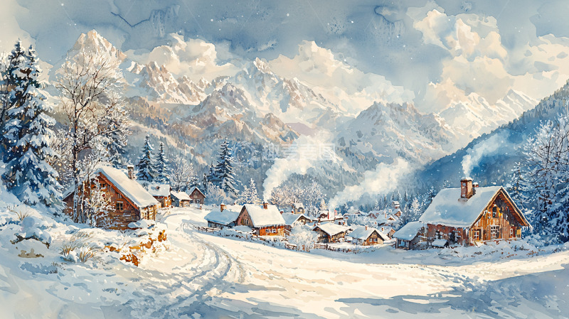 高清大图下载【趣麦麦图】雪山村庄水彩画