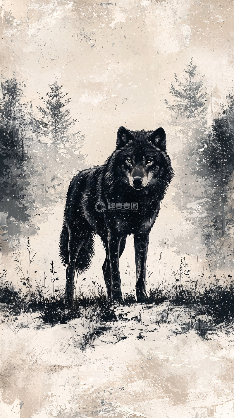 高清大图下载【趣麦麦图】黑狼森林雪景图