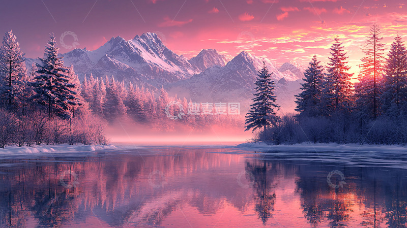 高清大图下载【趣麦麦图】雪山日出湖泊倒影