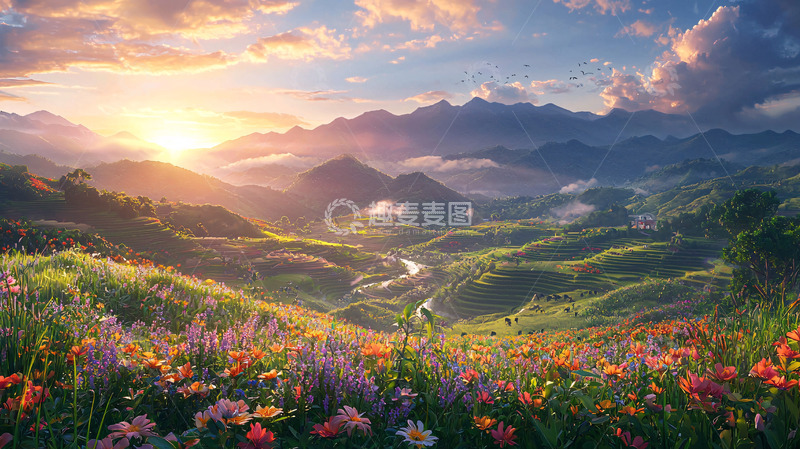 高清大图下载【趣麦麦图】日出山峰花海