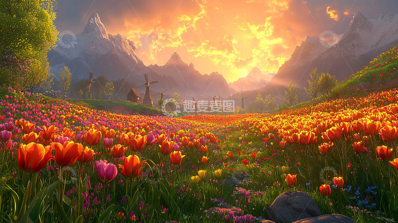 高清大图下载【趣麦麦图】日落山谷郁金香花田