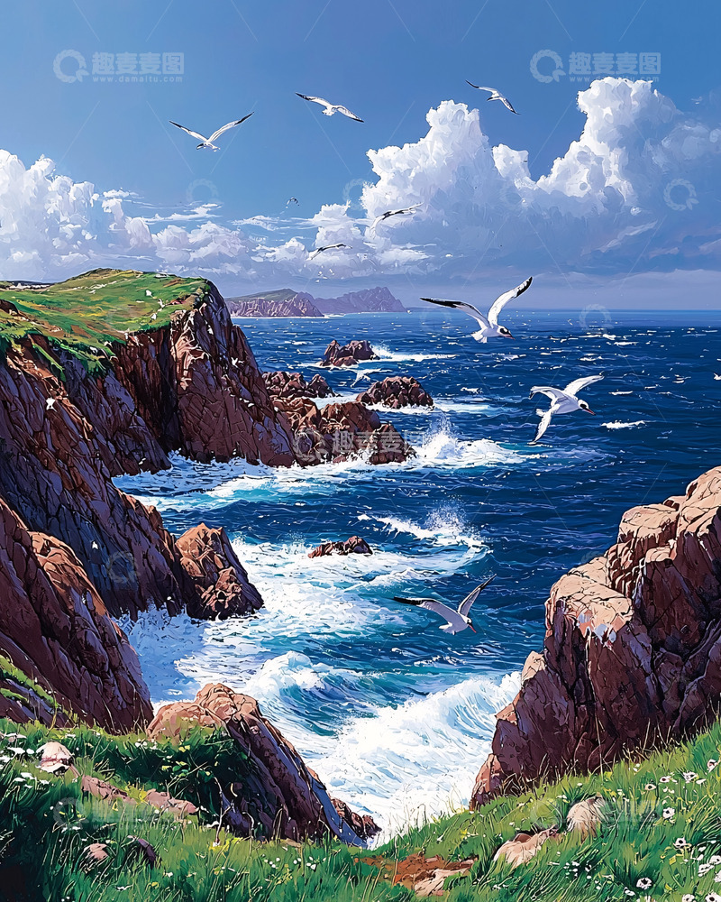 高清大图下载【趣麦麦图】海边悬崖峭壁上的飞鸟