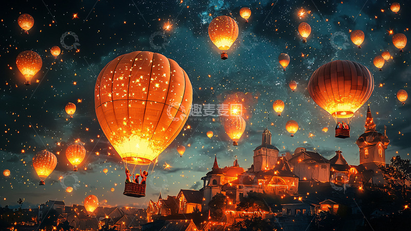 高清大图下载【趣麦麦图】夜空中的热气球与梦幻小镇
