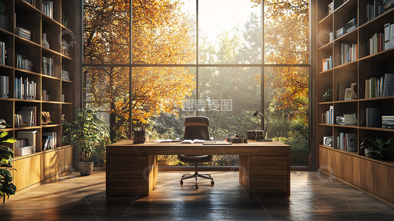 高清大图下载【趣麦麦图】秋日阳光洒进落地窗书房