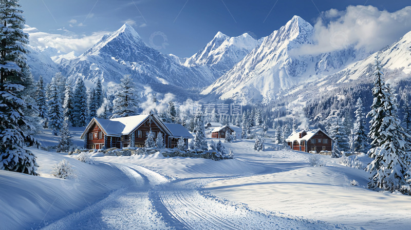 高清大图下载【趣麦麦图】雪山下的木屋村庄
