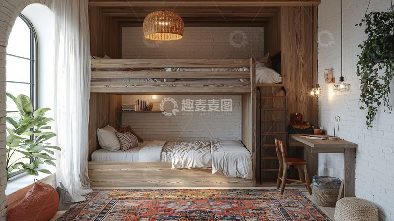 高清大图下载【趣麦麦图】温馨的木质双层床房间