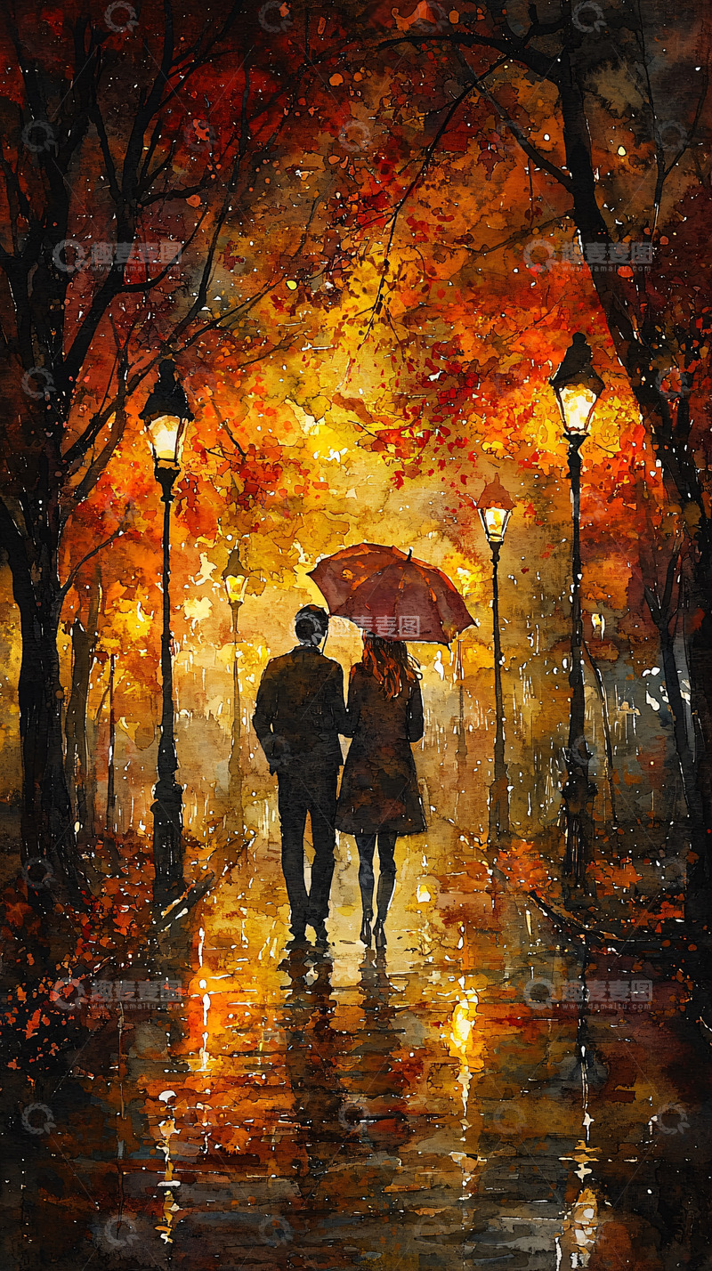高清大图下载【趣麦麦图】秋雨中漫步的情侣