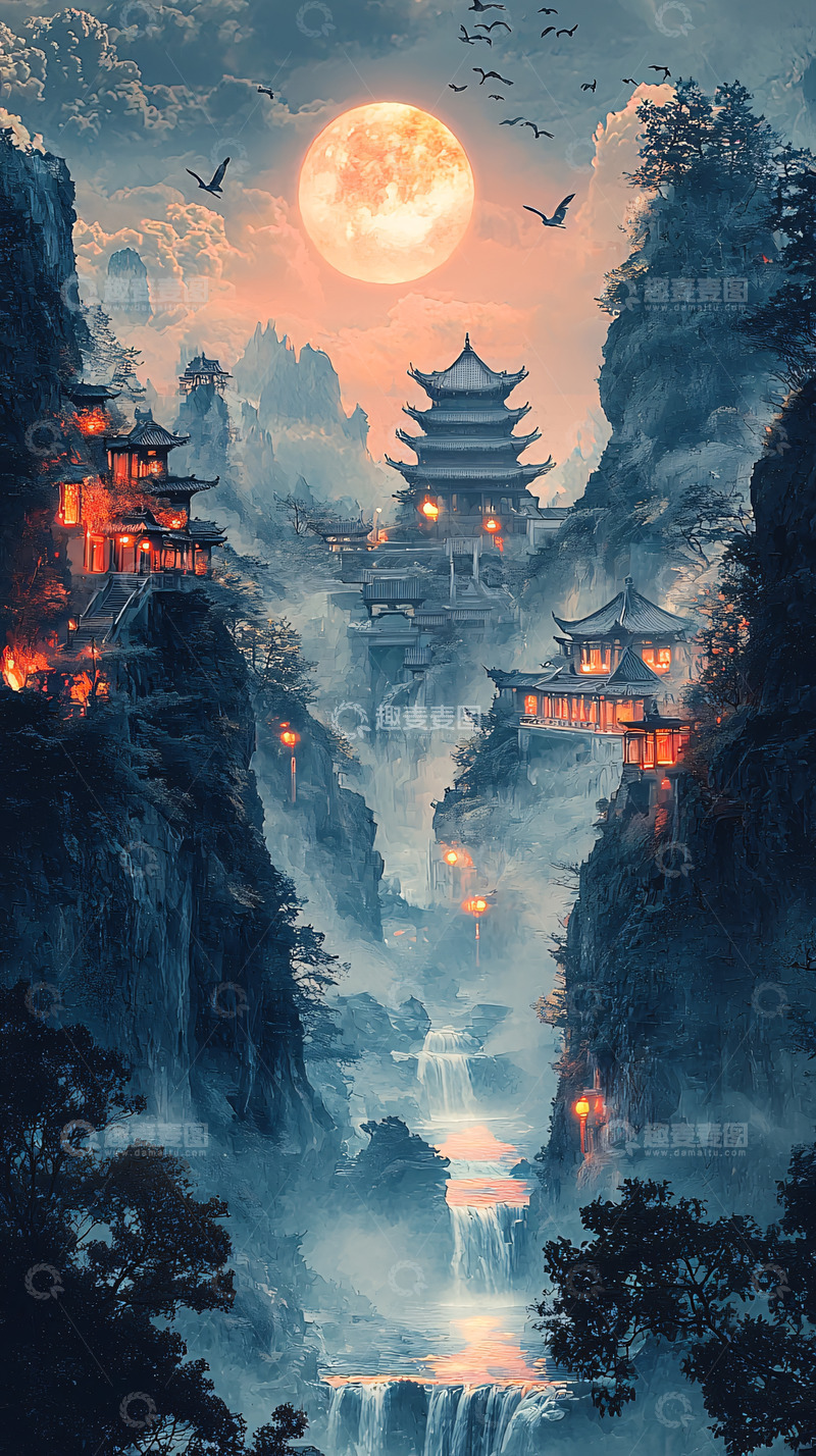 高清大图下载【趣麦麦图】水墨山水间的月夜楼阁