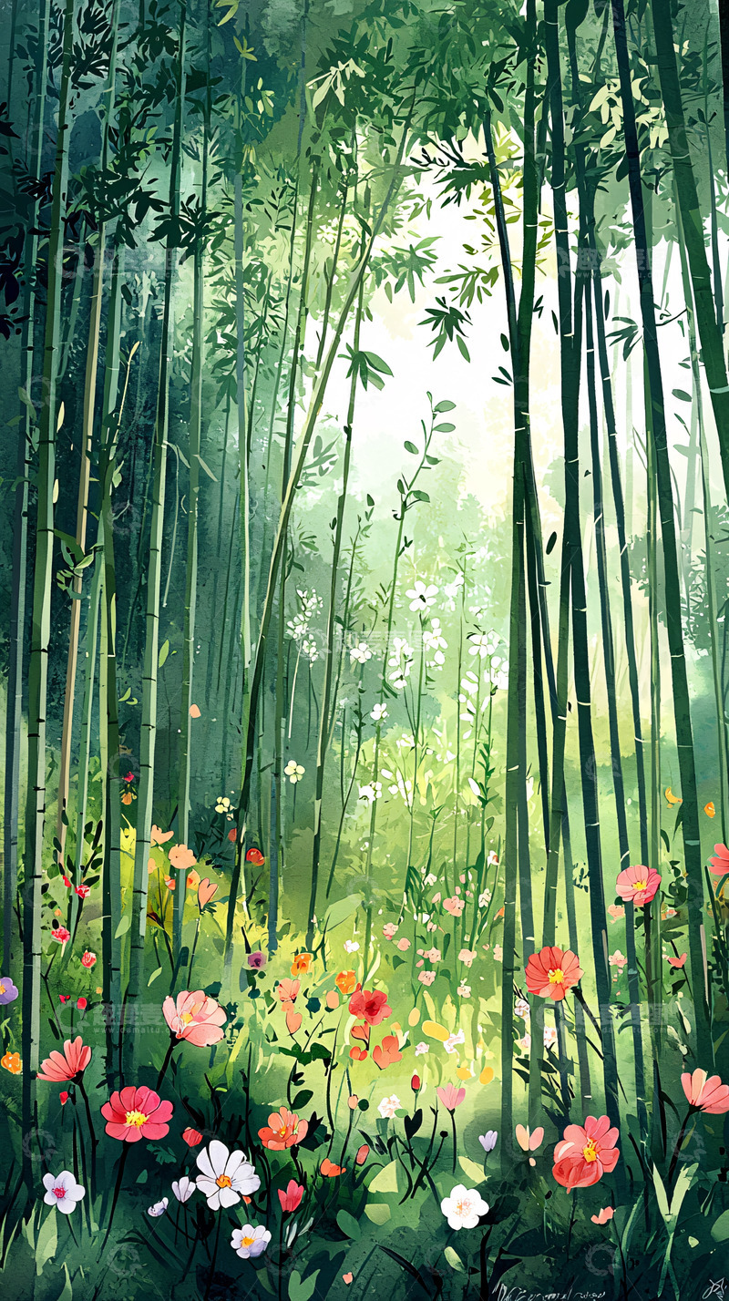 高清大图下载【趣麦麦图】竹林花丛清新唯美意境