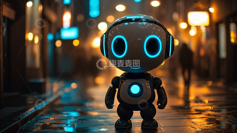 高清大图下载【趣麦麦图】夜晚街道上的小机器人