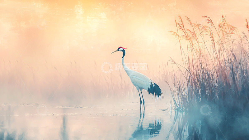 高清大图下载【趣麦麦图】日出时分一只丹顶鹤在水边