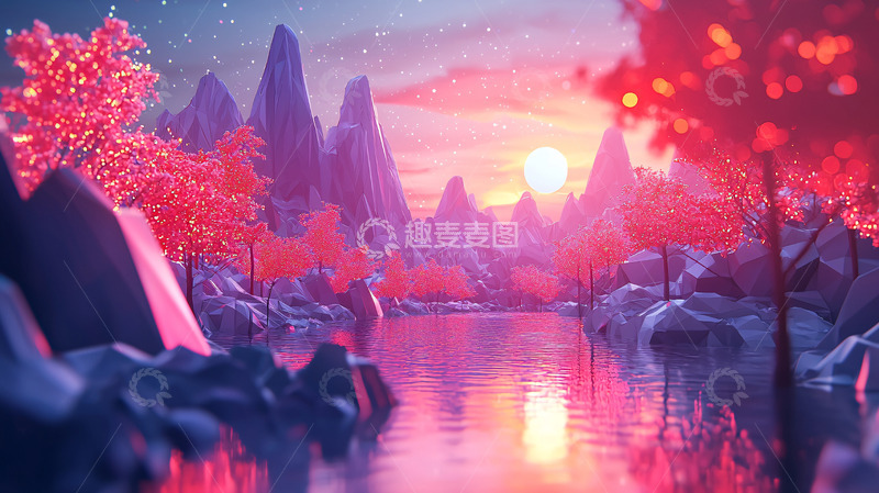 高清大图下载【趣麦麦图】梦幻低多边形山水日落