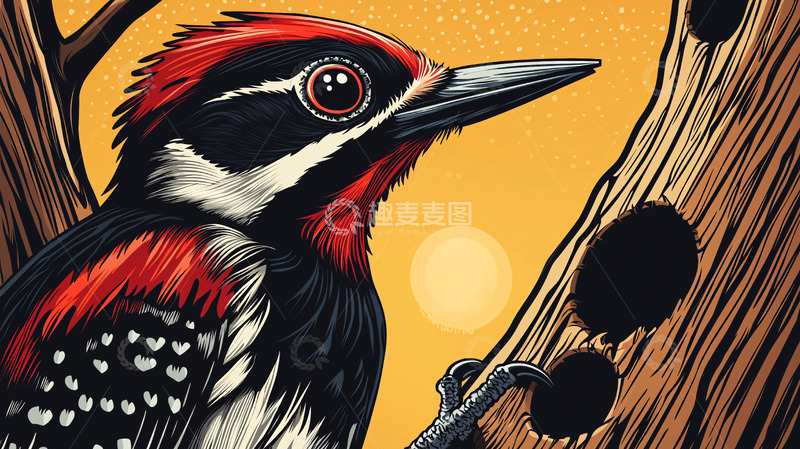 高清大图下载【趣麦麦图】红头啄木鸟插画
