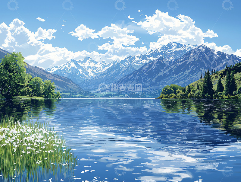 高清大图下载【趣麦麦图】雪山湖泊风景画