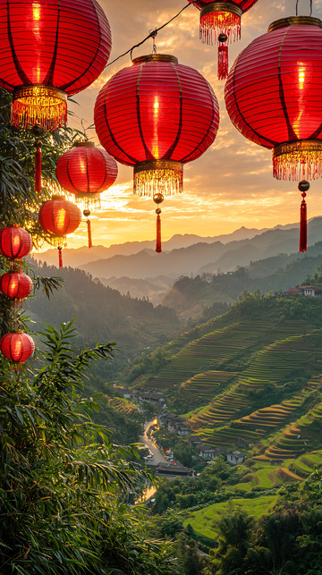 红灯笼下的山峦景色