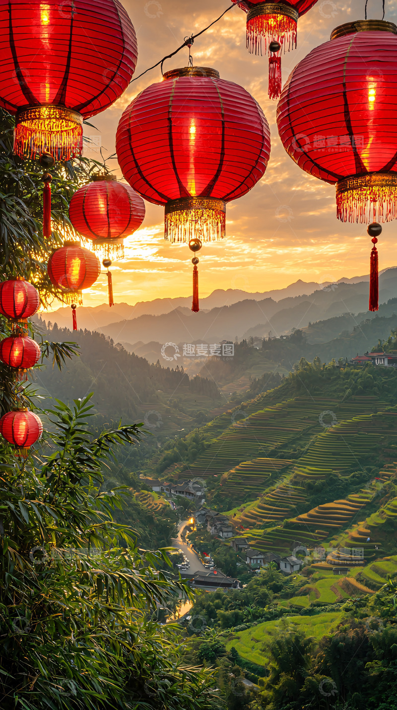 高清大图下载【趣麦麦图】红灯笼下的山峦景色