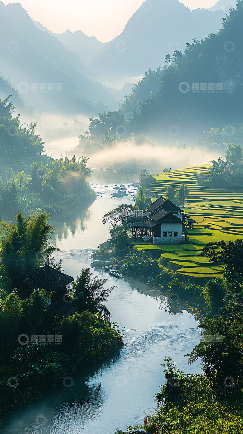 高清大图下载【趣麦麦图】清晨雾气缭绕山间田园