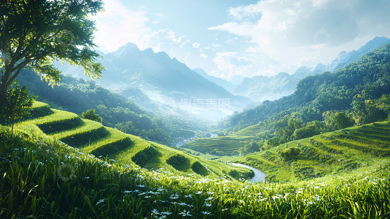 高清大图下载【趣麦麦图】绿意盎然的梯田山谷