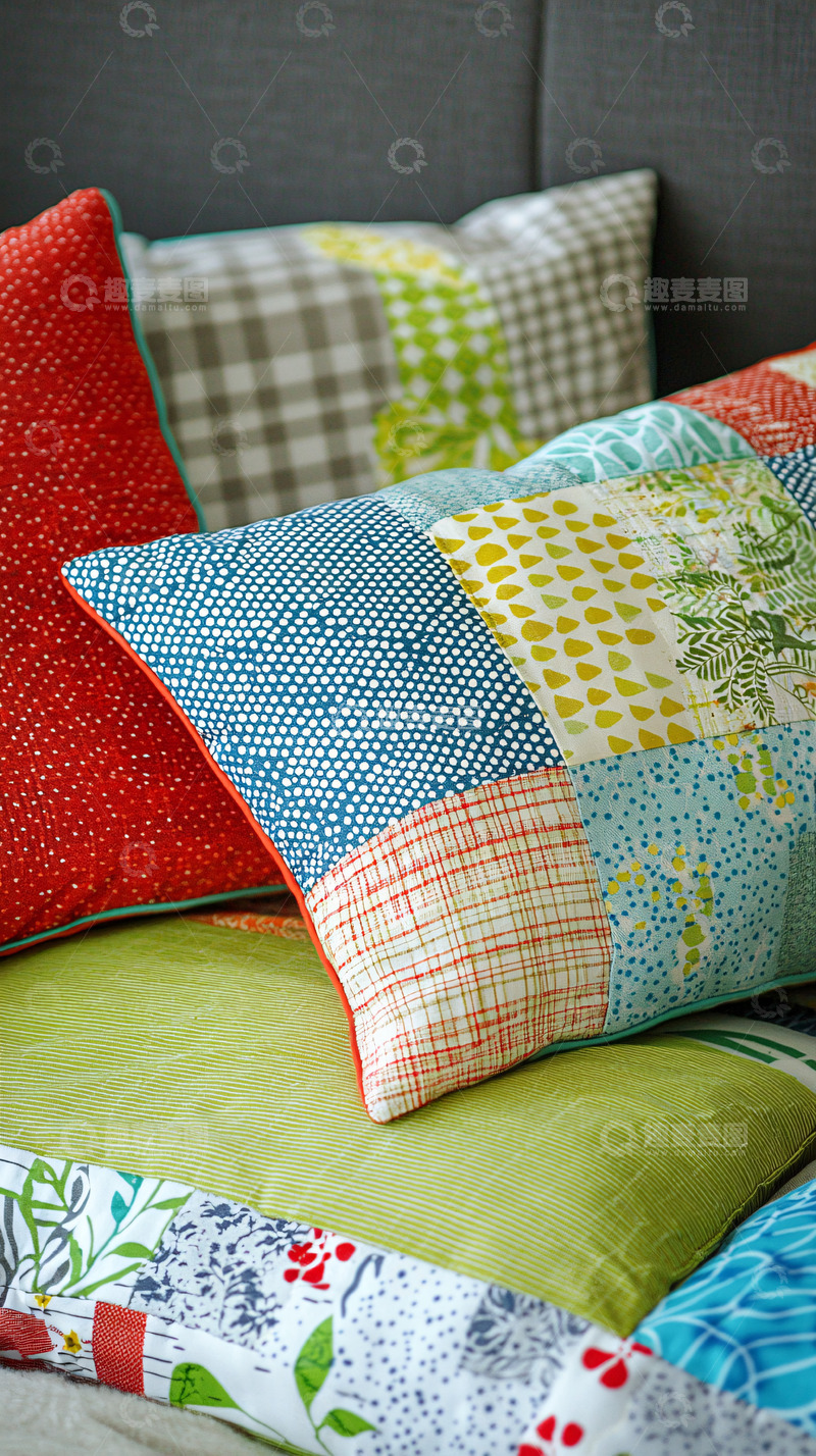 高清大图下载【趣麦麦图】多彩拼布靠垫