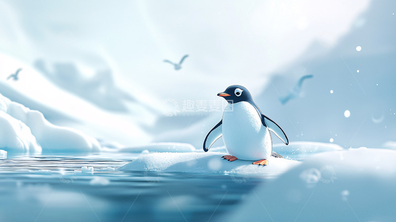 高清大图下载【趣麦麦图】冰川上孤独的小企鹅