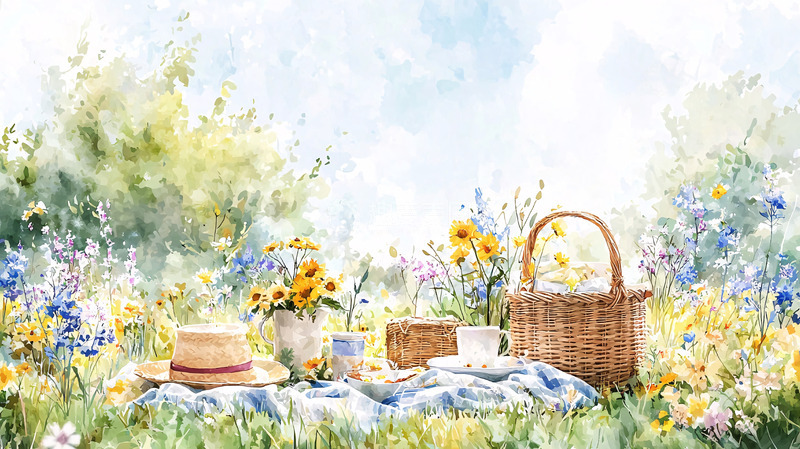 高清大图下载【趣麦麦图】水彩田园野餐