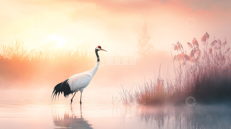 高清大图下载【趣麦麦图】日出时分一只丹顶鹤在水边