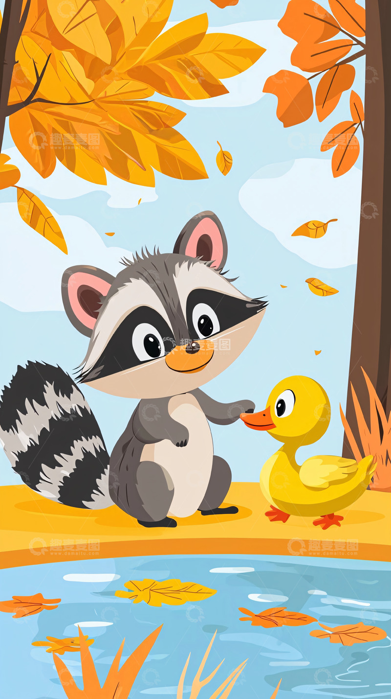 高清大图下载【趣麦麦图】浣熊和鸭子秋日相遇