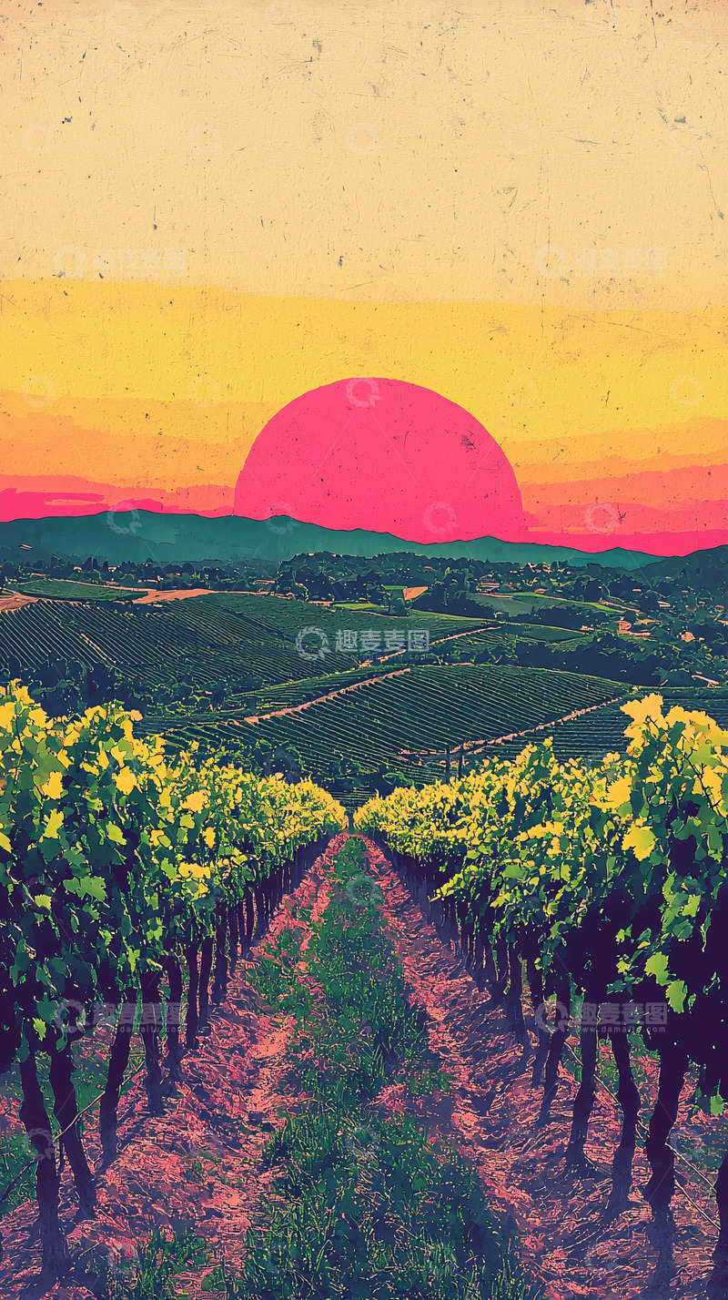 高清大图下载【趣麦麦图】粉色夕阳下的葡萄园