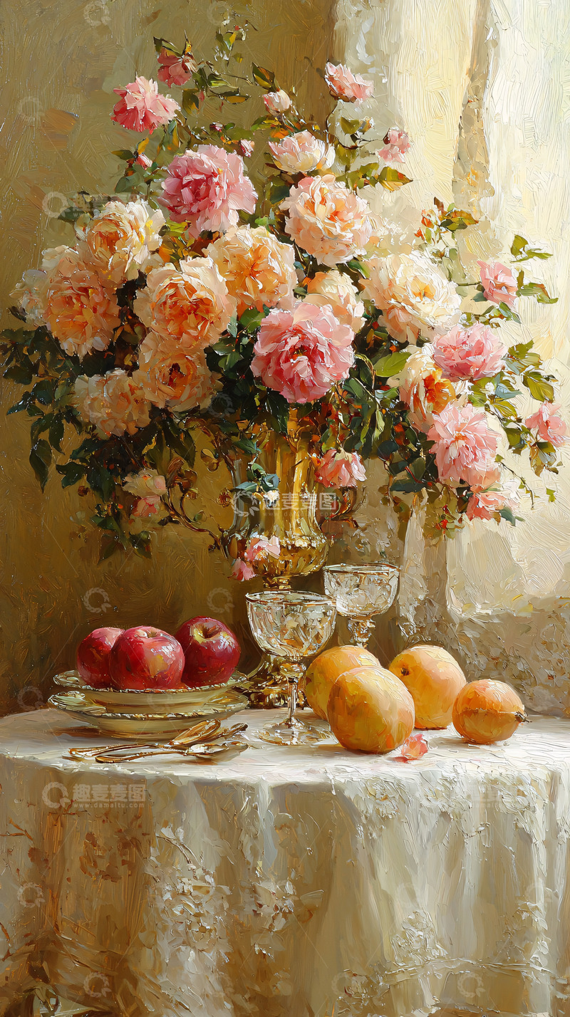 高清大图下载【趣麦麦图】静物油画玫瑰花果子
