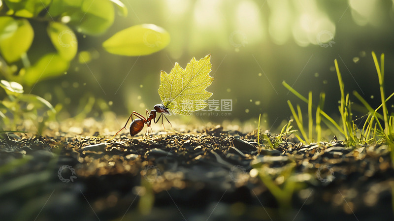 高清大图下载【趣麦麦图】蚂蚁搬运树叶