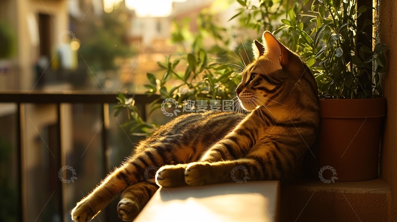 高清大图下载【趣麦麦图】阳台猫咪黄昏