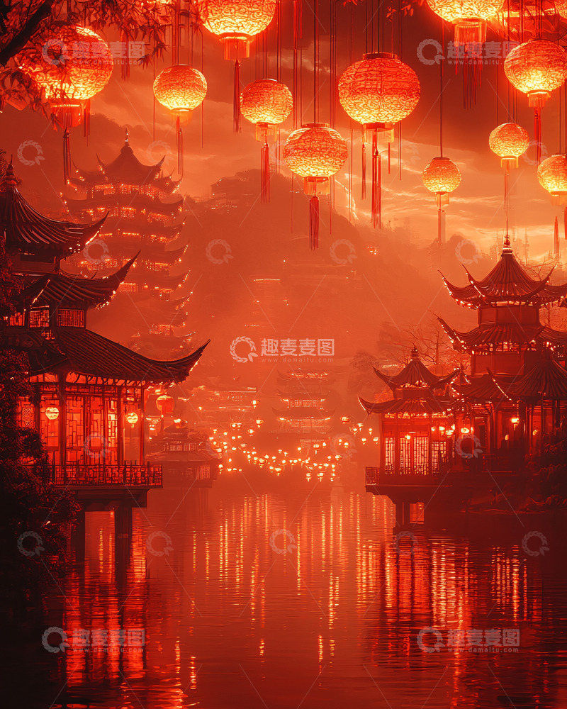 高清大图下载【趣麦麦图】红灯笼古镇夜景