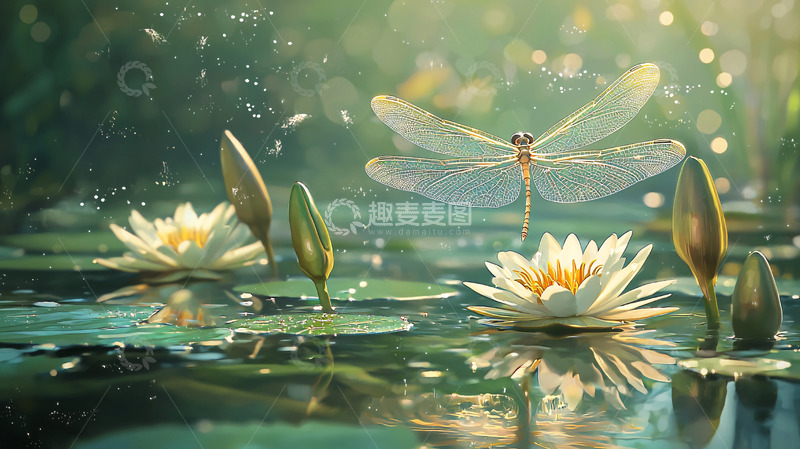 高清大图下载【趣麦麦图】梦幻白蜻蜓与睡莲