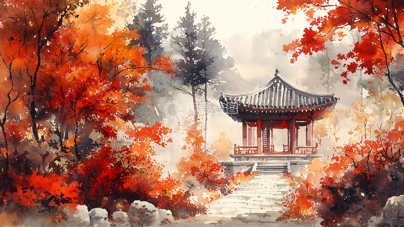 高清大图下载【趣麦麦图】秋日红叶下的中式凉亭