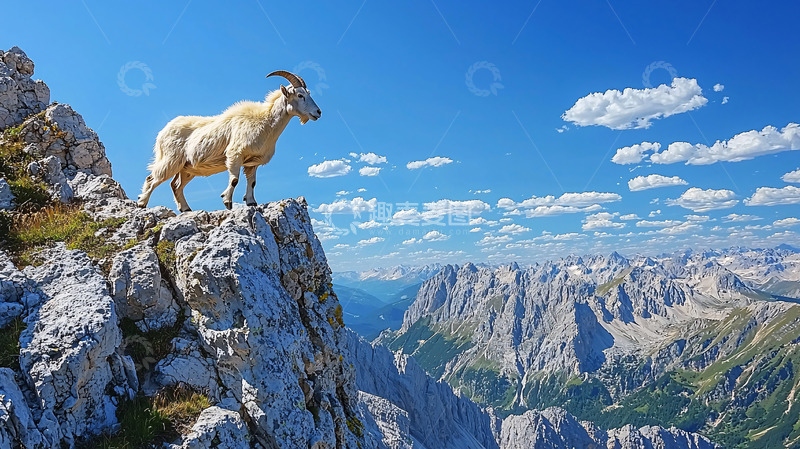 高清大图下载【趣麦麦图】山羊伫立山崖顶端远眺群山