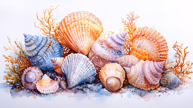 高清大图下载【趣麦麦图】水彩贝壳海滩静物