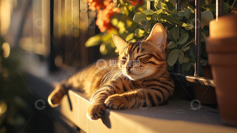 高清大图下载【趣麦麦图】夕阳下慵懒的孟加拉猫