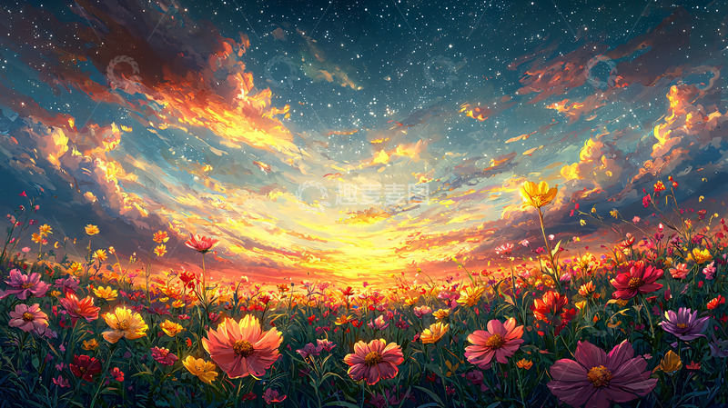 高清大图下载【趣麦麦图】梦幻星空花海日落