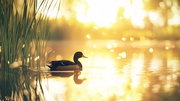 日落时分湖中鸭子
