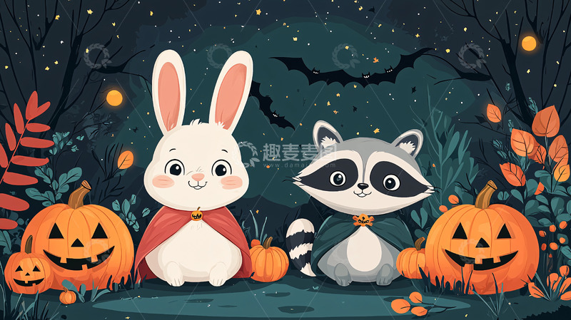 高清大图下载【趣麦麦图】可爱卡通兔子浣熊万圣节